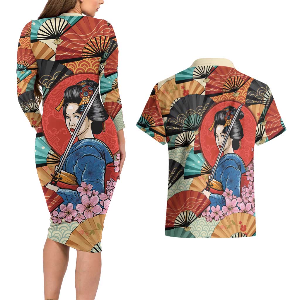 Japanese Geisha Katana Couples Matching Long Sleeve Bodycon Dress and Hawaiian Shirt Japan Sensu Seigaiha Pattern - Polynesian Pride