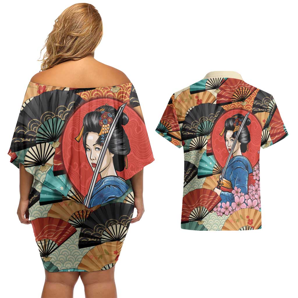 Japanese Geisha Katana Couples Matching Off Shoulder Short Dress and Hawaiian Shirt Japan Sensu Seigaiha Pattern - Polynesian Pride