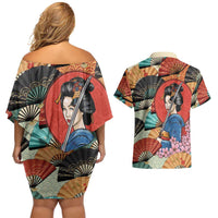 Japanese Geisha Katana Couples Matching Off Shoulder Short Dress and Hawaiian Shirt Japan Sensu Seigaiha Pattern - Polynesian Pride
