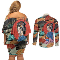 Japanese Geisha Katana Couples Matching Off Shoulder Short Dress and Long Sleeve Button Shirt Japan Sensu Seigaiha Pattern - Polynesian Pride