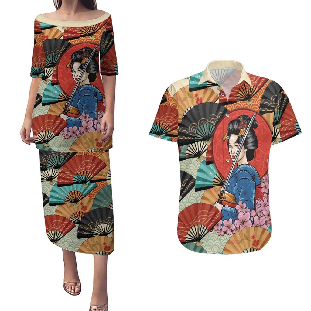 Japanese Geisha Katana Couples Matching Puletasi and Hawaiian Shirt Japan Sensu Seigaiha Pattern - Polynesian Pride