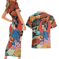 Japanese Geisha Katana Couples Matching Short Sleeve Bodycon Dress and Hawaiian Shirt Japan Sensu Seigaiha Pattern - Polynesian Pride