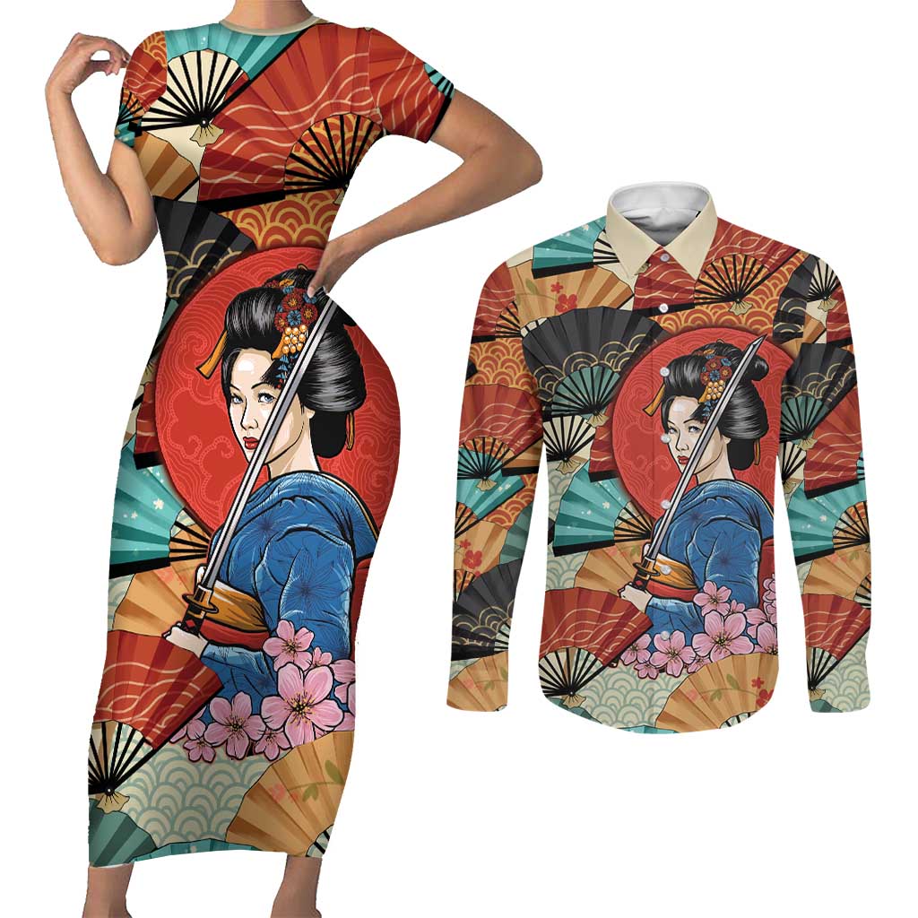 Japanese Geisha Katana Couples Matching Short Sleeve Bodycon Dress and Long Sleeve Button Shirt Japan Sensu Seigaiha Pattern - Polynesian Pride