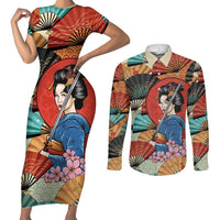 Japanese Geisha Katana Couples Matching Short Sleeve Bodycon Dress and Long Sleeve Button Shirt Japan Sensu Seigaiha Pattern - Polynesian Pride