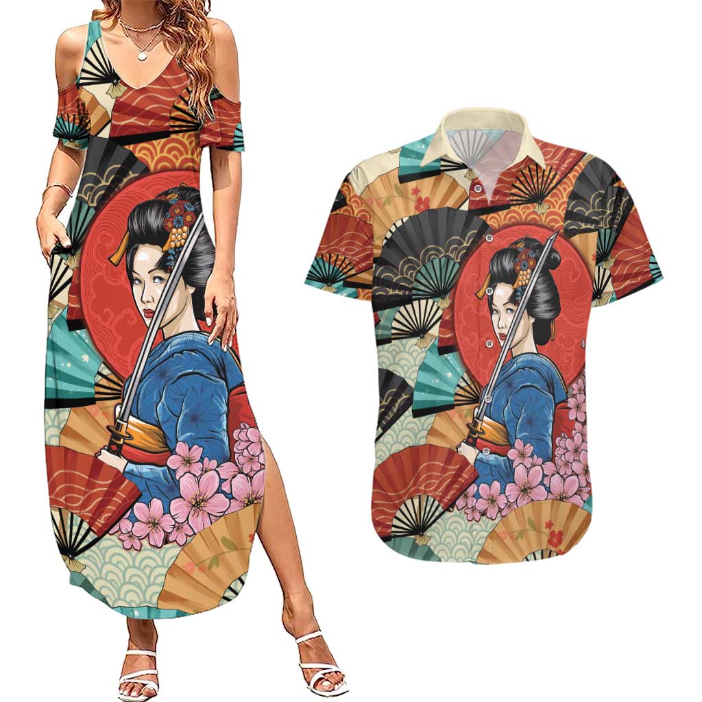 Japanese Geisha Katana Couples Matching Summer Maxi Dress and Hawaiian Shirt Japan Sensu Seigaiha Pattern - Polynesian Pride