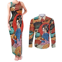 Japanese Geisha Katana Couples Matching Tank Maxi Dress and Long Sleeve Button Shirt Japan Sensu Seigaiha Pattern - Polynesian Pride