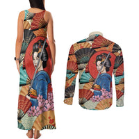Japanese Geisha Katana Couples Matching Tank Maxi Dress and Long Sleeve Button Shirt Japan Sensu Seigaiha Pattern - Polynesian Pride