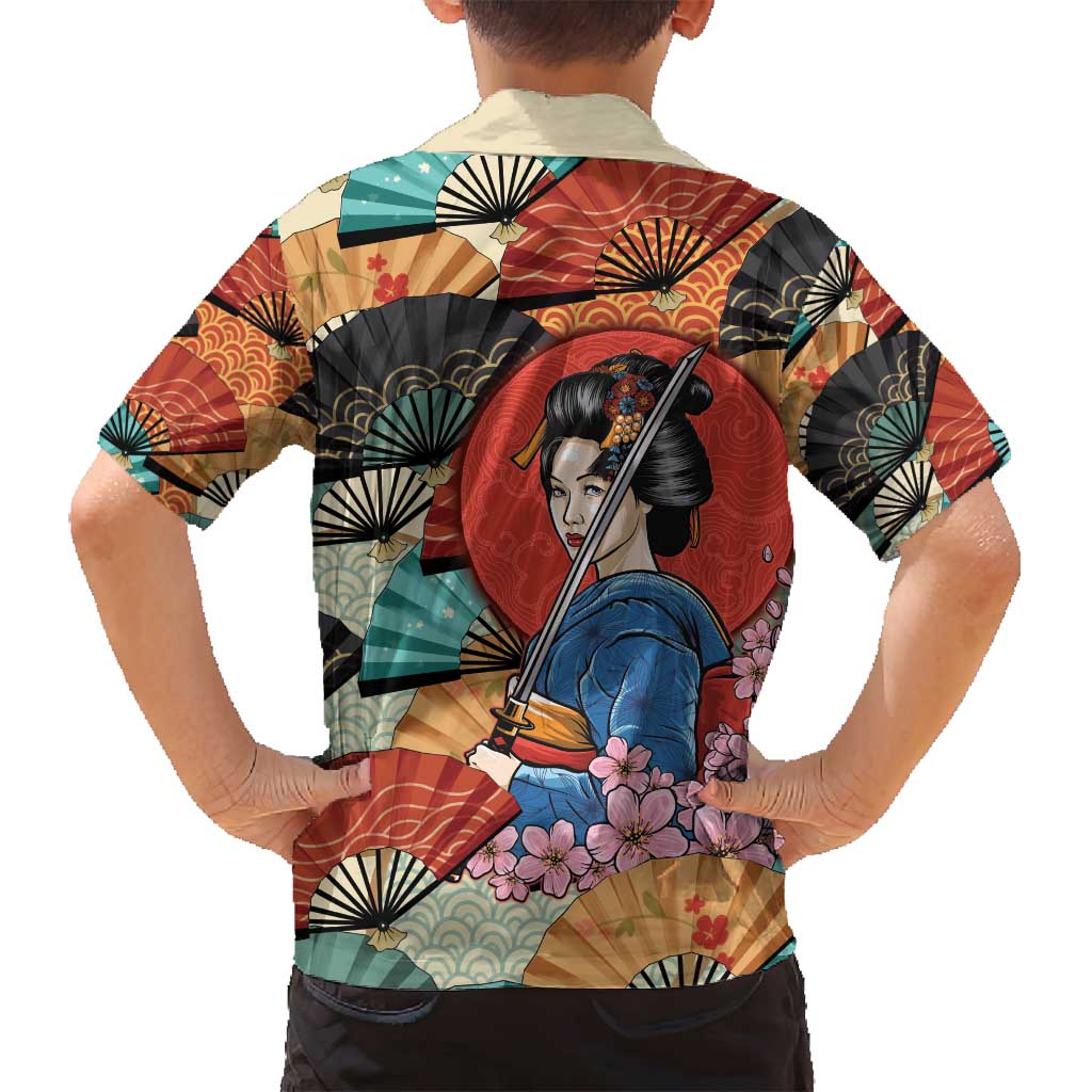 Japanese Geisha Katana Family Matching Long Sleeve Bodycon Dress and Hawaiian Shirt Japan Sensu Seigaiha Pattern - Polynesian Pride