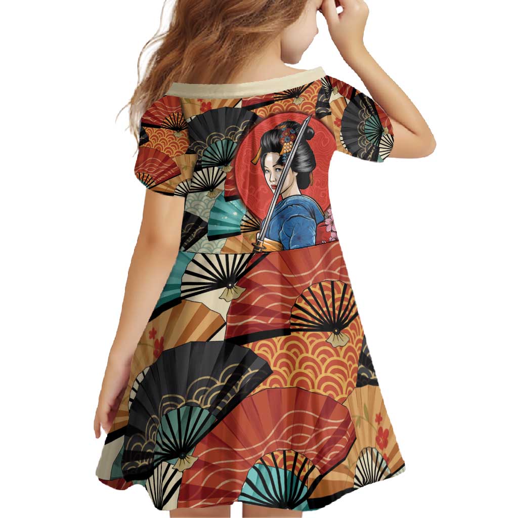 Japanese Geisha Katana Family Matching Long Sleeve Bodycon Dress and Hawaiian Shirt Japan Sensu Seigaiha Pattern - Polynesian Pride