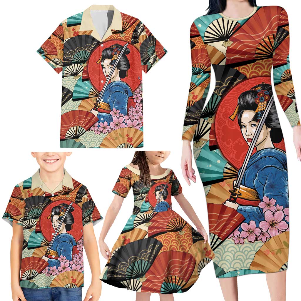 Japanese Geisha Katana Family Matching Long Sleeve Bodycon Dress and Hawaiian Shirt Japan Sensu Seigaiha Pattern - Polynesian Pride