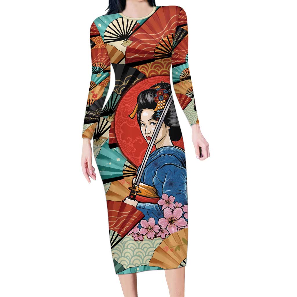 Japanese Geisha Katana Family Matching Long Sleeve Bodycon Dress and Hawaiian Shirt Japan Sensu Seigaiha Pattern - Polynesian Pride