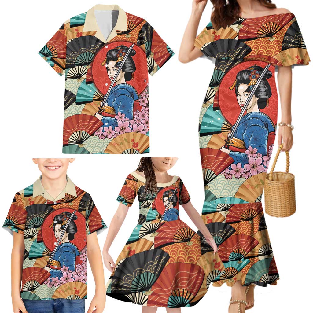 Japanese Geisha Katana Family Matching Mermaid Dress and Hawaiian Shirt Japan Sensu Seigaiha Pattern LT14 - Polynesian Pride