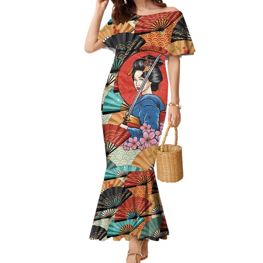 Japanese Geisha Katana Family Matching Mermaid Dress and Hawaiian Shirt Japan Sensu Seigaiha Pattern - Polynesian Pride