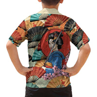 Japanese Geisha Katana Family Matching Off The Shoulder Long Sleeve Dress and Hawaiian Shirt Japan Sensu Seigaiha Pattern - Polynesian Pride