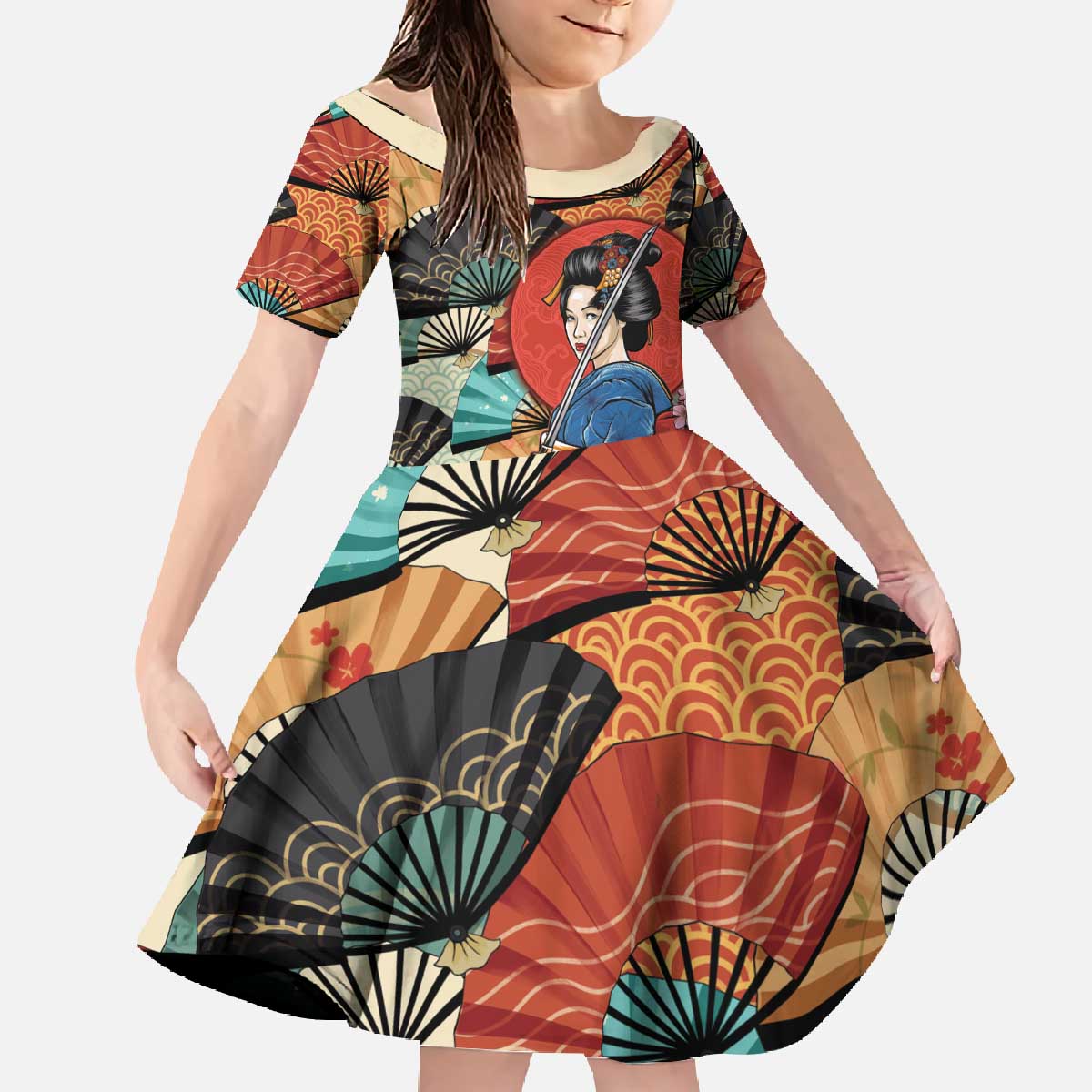 Japanese Geisha Katana Family Matching Off The Shoulder Long Sleeve Dress and Hawaiian Shirt Japan Sensu Seigaiha Pattern - Polynesian Pride