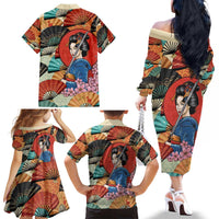 Japanese Geisha Katana Family Matching Off The Shoulder Long Sleeve Dress and Hawaiian Shirt Japan Sensu Seigaiha Pattern - Polynesian Pride