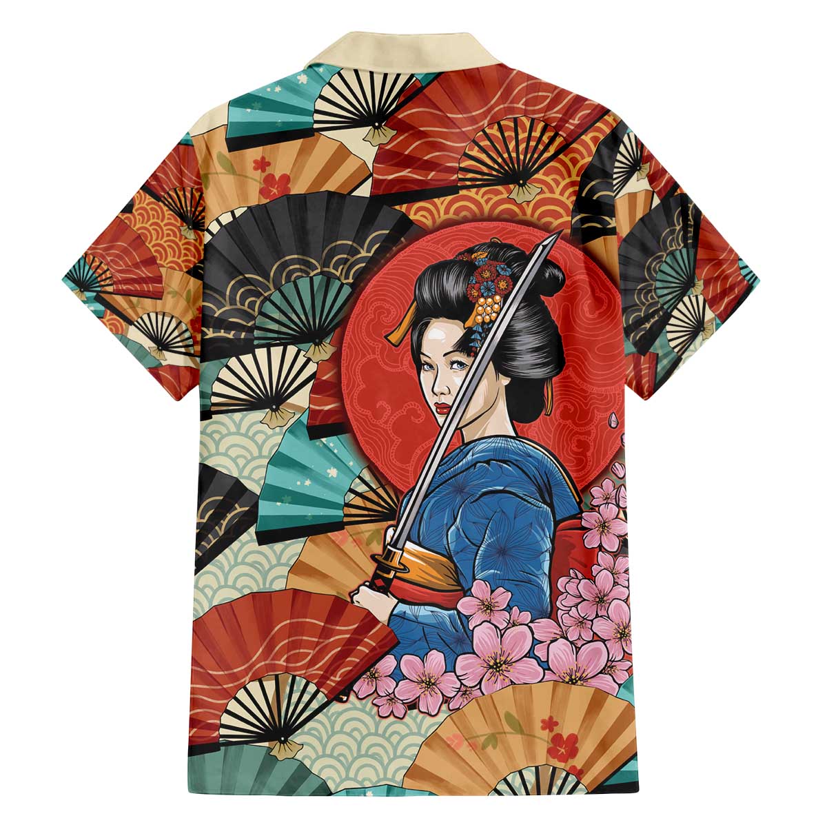 Japanese Geisha Katana Family Matching Off The Shoulder Long Sleeve Dress and Hawaiian Shirt Japan Sensu Seigaiha Pattern - Polynesian Pride