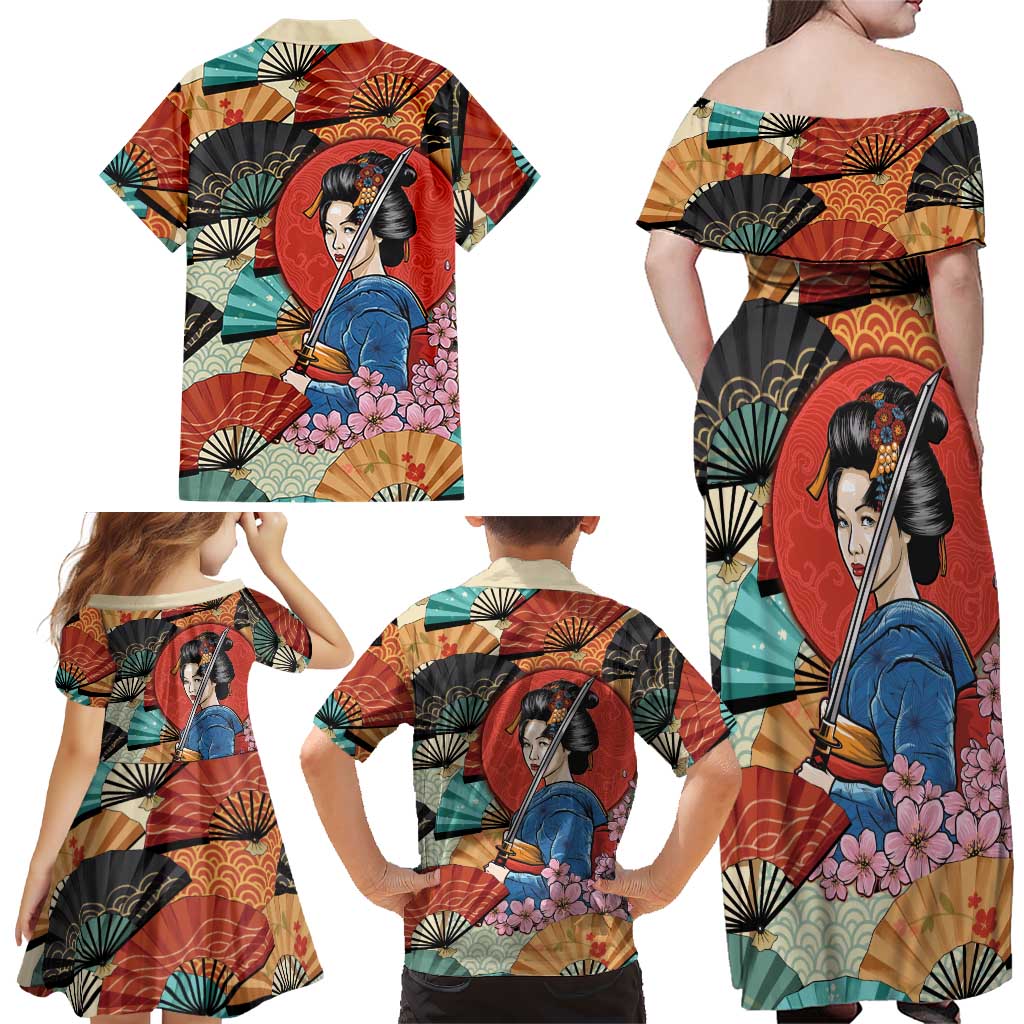 Japanese Geisha Katana Family Matching Off Shoulder Maxi Dress and Hawaiian Shirt Japan Sensu Seigaiha Pattern - Polynesian Pride