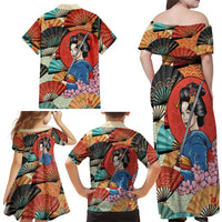 Japanese Geisha Katana Family Matching Off Shoulder Maxi Dress and Hawaiian Shirt Japan Sensu Seigaiha Pattern - Polynesian Pride