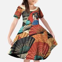 Japanese Geisha Katana Family Matching Off Shoulder Short Dress and Hawaiian Shirt Japan Sensu Seigaiha Pattern - Polynesian Pride