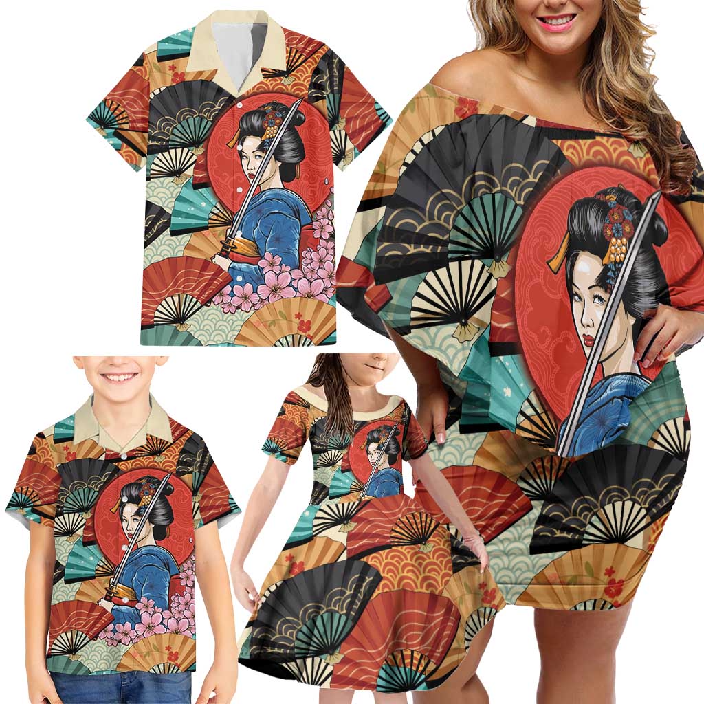 Japanese Geisha Katana Family Matching Off Shoulder Short Dress and Hawaiian Shirt Japan Sensu Seigaiha Pattern - Polynesian Pride