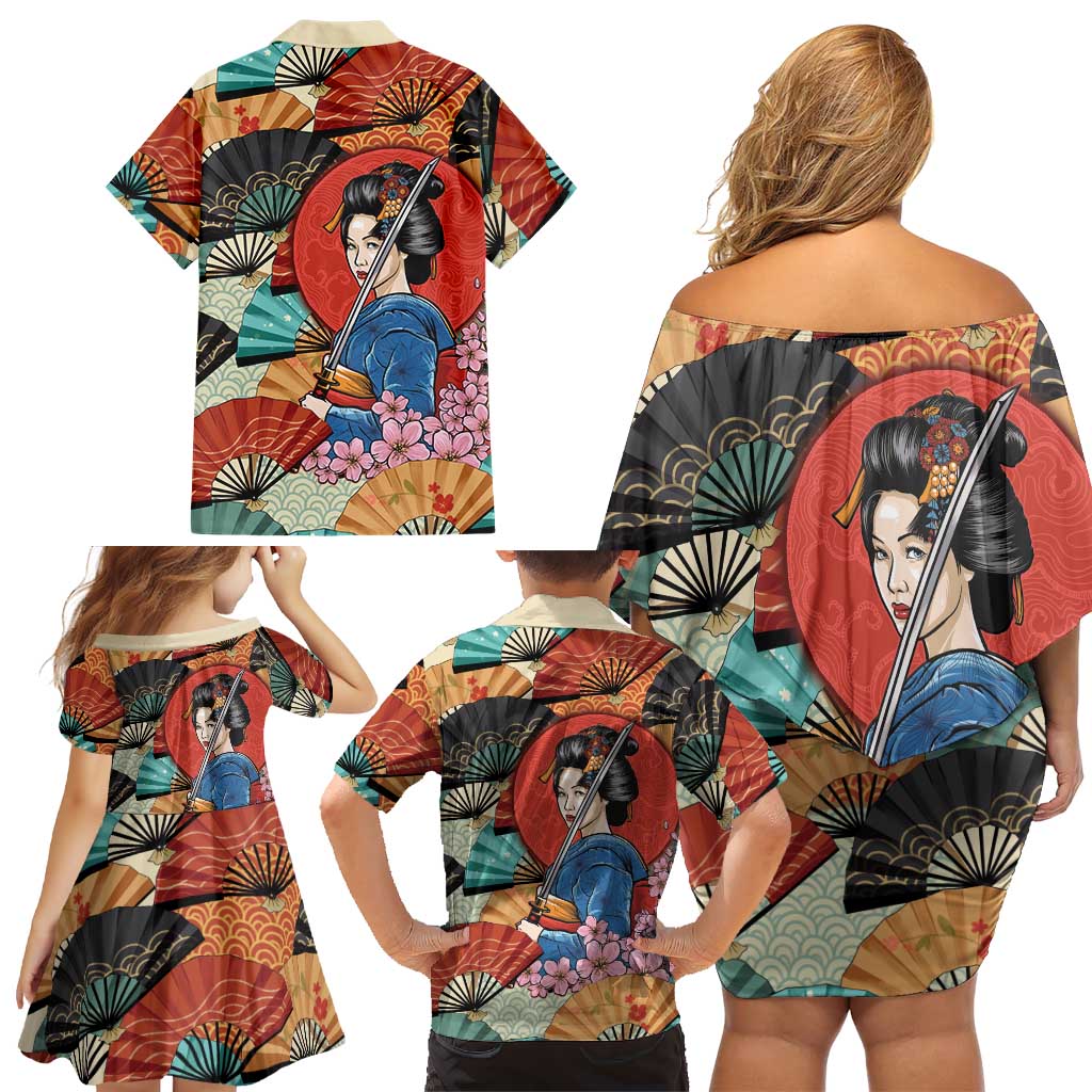 Japanese Geisha Katana Family Matching Off Shoulder Short Dress and Hawaiian Shirt Japan Sensu Seigaiha Pattern - Polynesian Pride