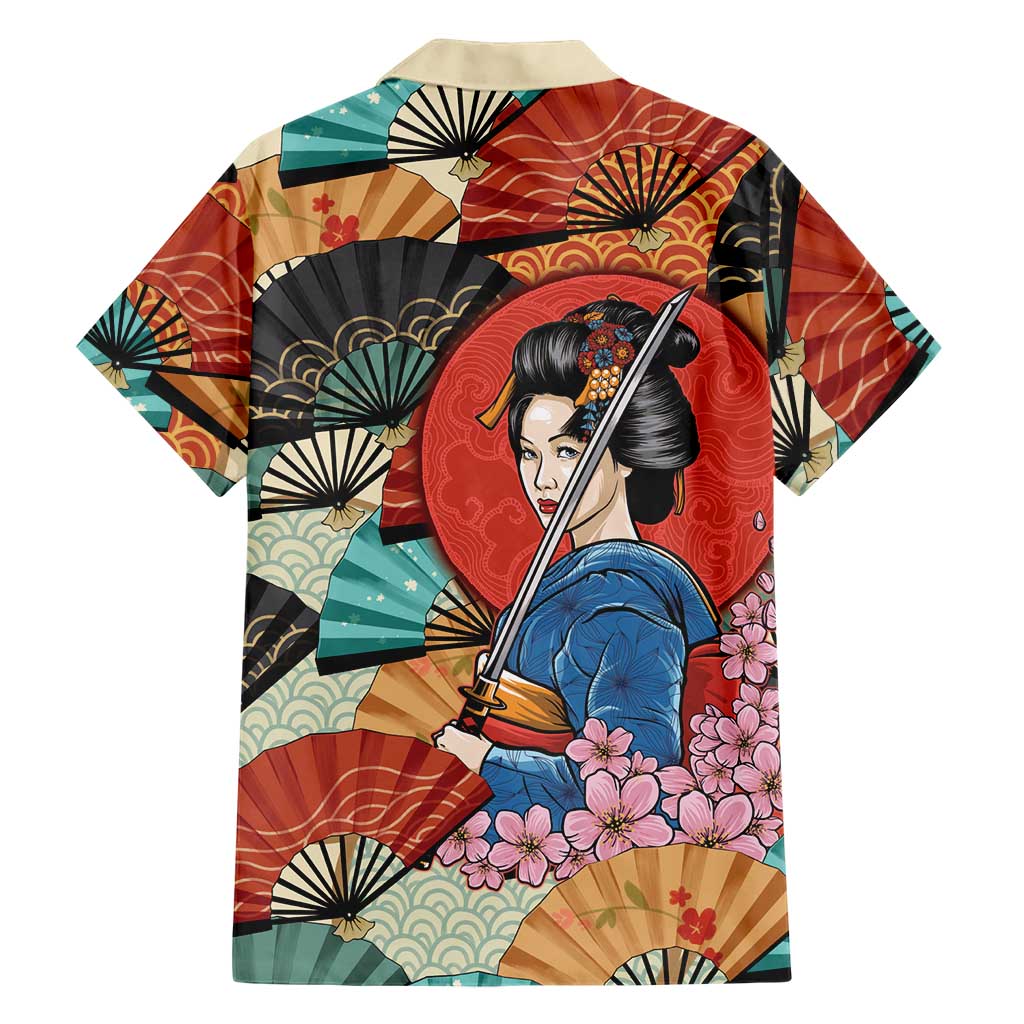 Japanese Geisha Katana Family Matching Off Shoulder Short Dress and Hawaiian Shirt Japan Sensu Seigaiha Pattern - Polynesian Pride