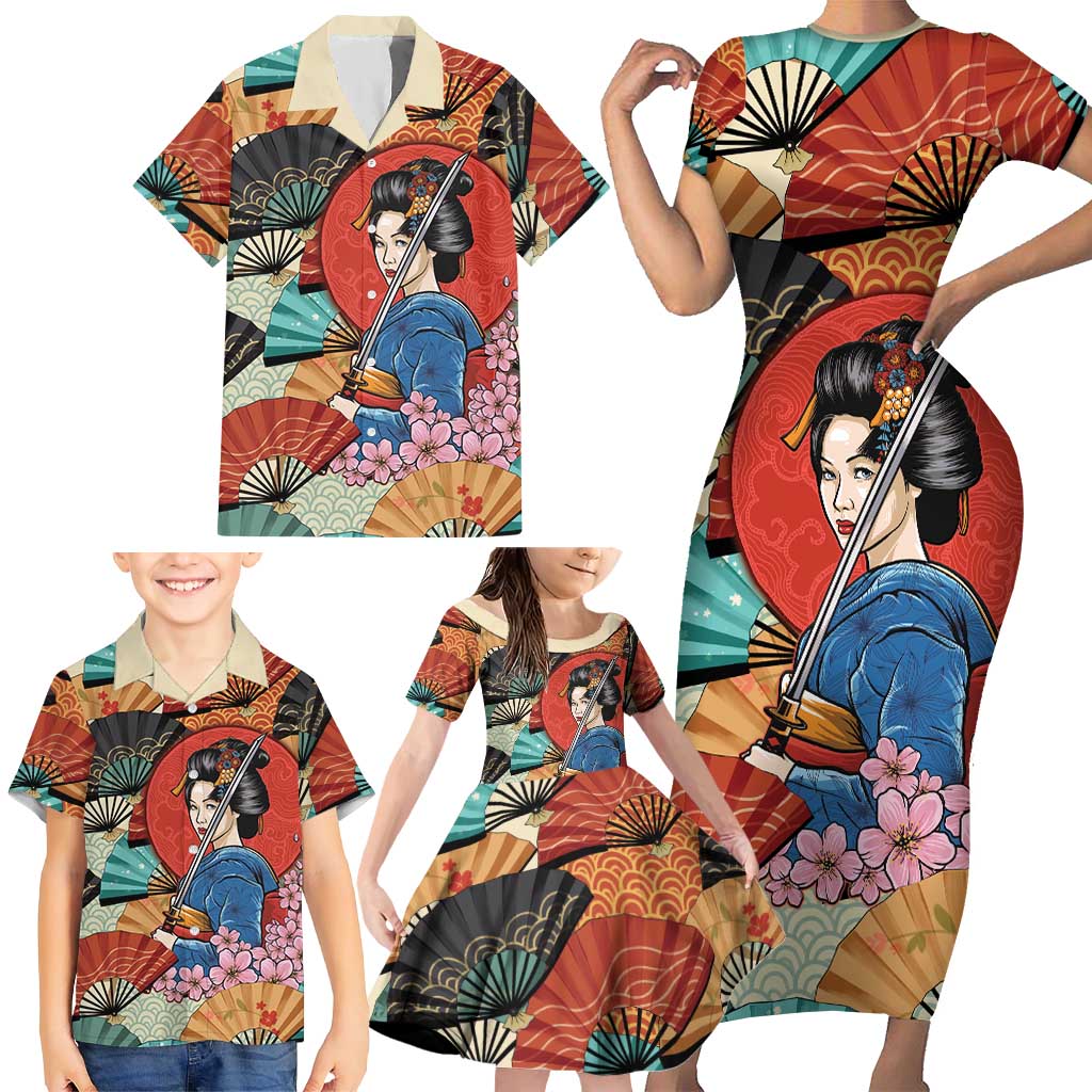 Japanese Geisha Katana Family Matching Short Sleeve Bodycon Dress and Hawaiian Shirt Japan Sensu Seigaiha Pattern LT14 - Polynesian Pride