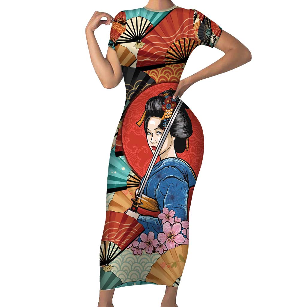 Japanese Geisha Katana Family Matching Short Sleeve Bodycon Dress and Hawaiian Shirt Japan Sensu Seigaiha Pattern - Polynesian Pride