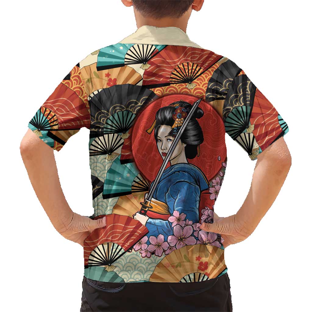 Japanese Geisha Katana Family Matching Summer Maxi Dress and Hawaiian Shirt Japan Sensu Seigaiha Pattern - Polynesian Pride