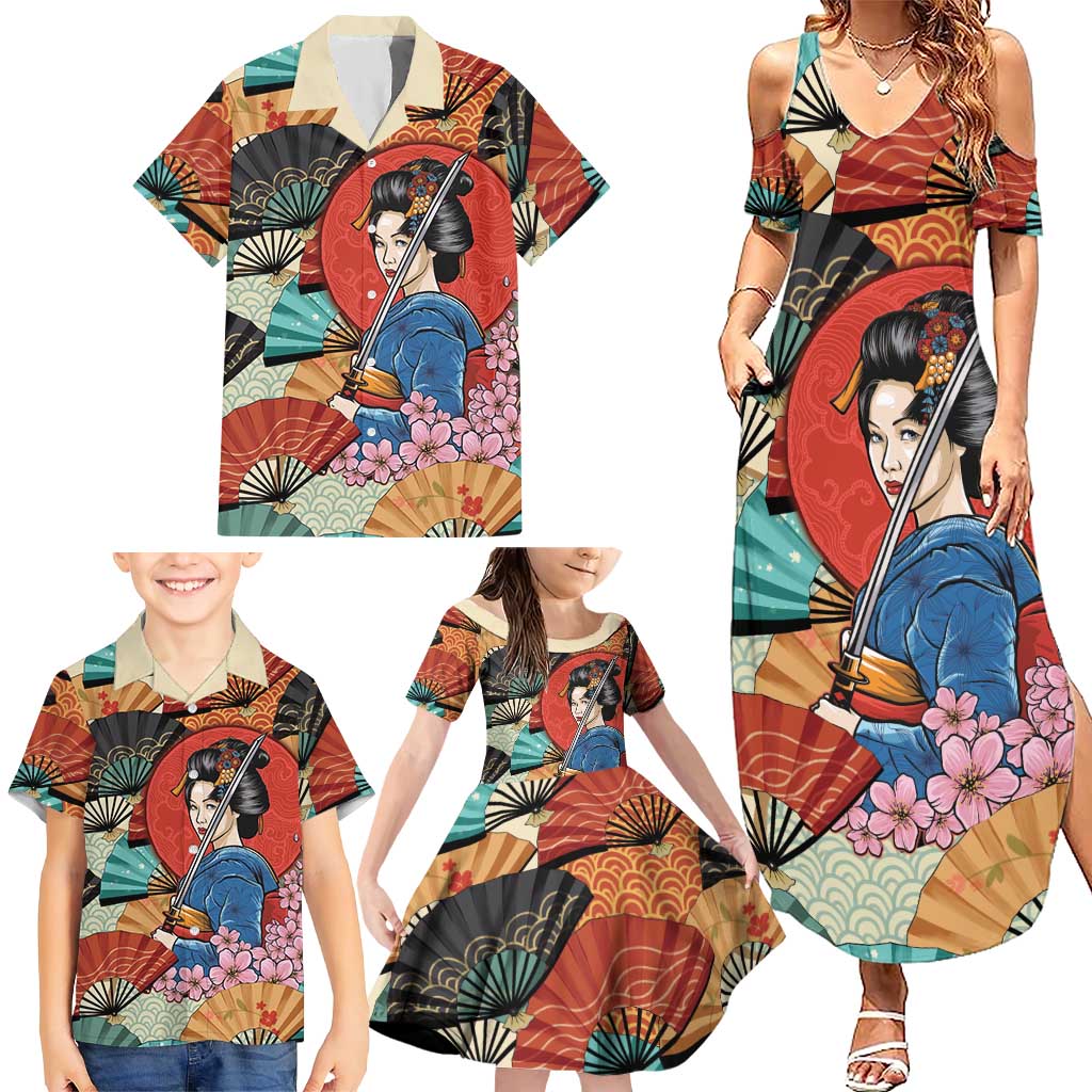 Japanese Geisha Katana Family Matching Summer Maxi Dress and Hawaiian Shirt Japan Sensu Seigaiha Pattern - Polynesian Pride