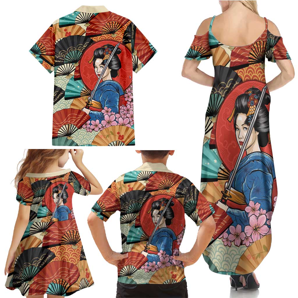Japanese Geisha Katana Family Matching Summer Maxi Dress and Hawaiian Shirt Japan Sensu Seigaiha Pattern - Polynesian Pride
