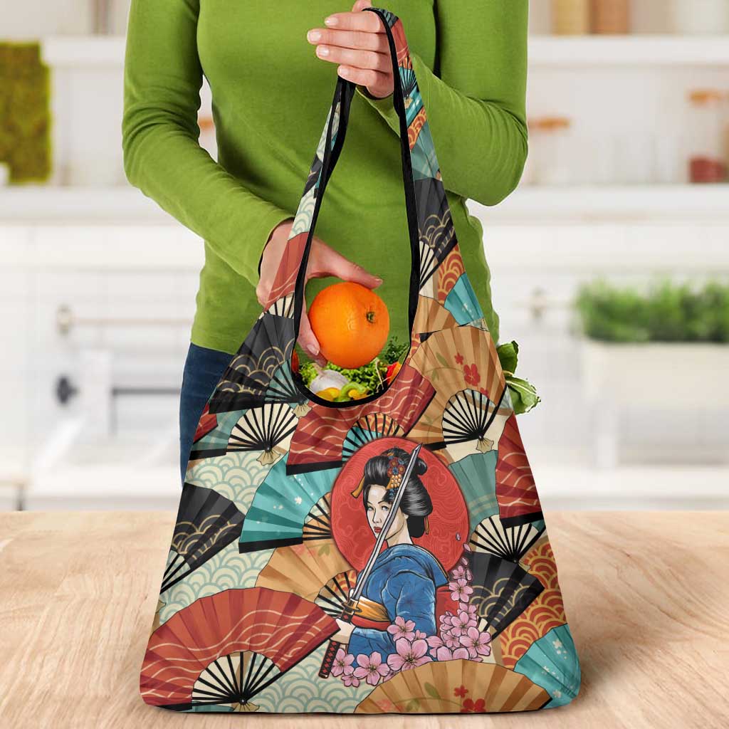 Japanese Geisha Katana Grocery Bag Japan Sensu Seigaiha Pattern - Polynesian Pride