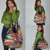Japanese Geisha Katana Grocery Bag Japan Sensu Seigaiha Pattern - Polynesian Pride