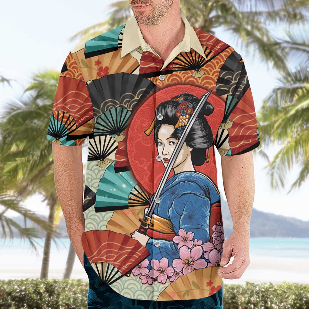 Japanese Geisha Katana Hawaiian Shirt Japan Sensu Seigaiha Pattern - Polynesian Pride