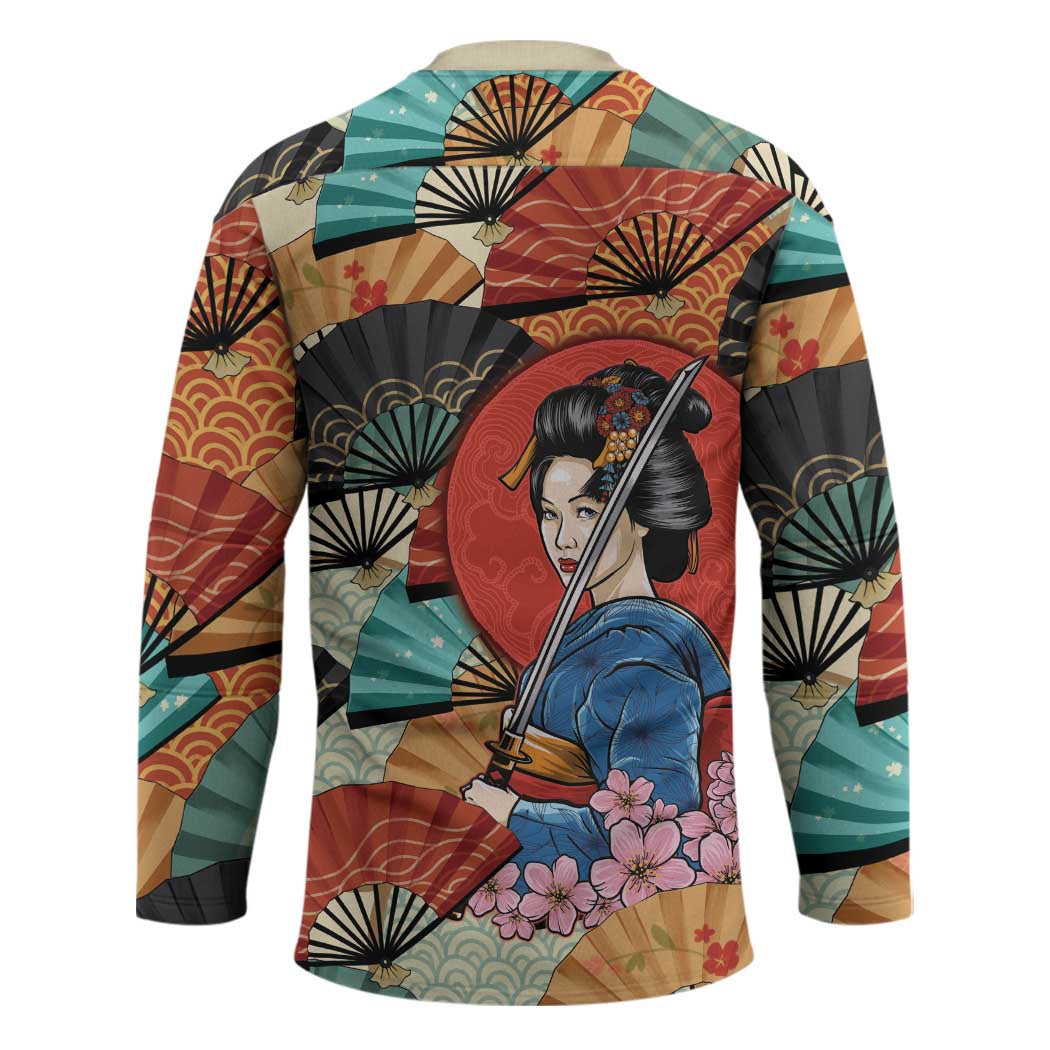 Japanese Geisha Katana Hockey Jersey Japan Sensu Seigaiha Pattern - Polynesian Pride