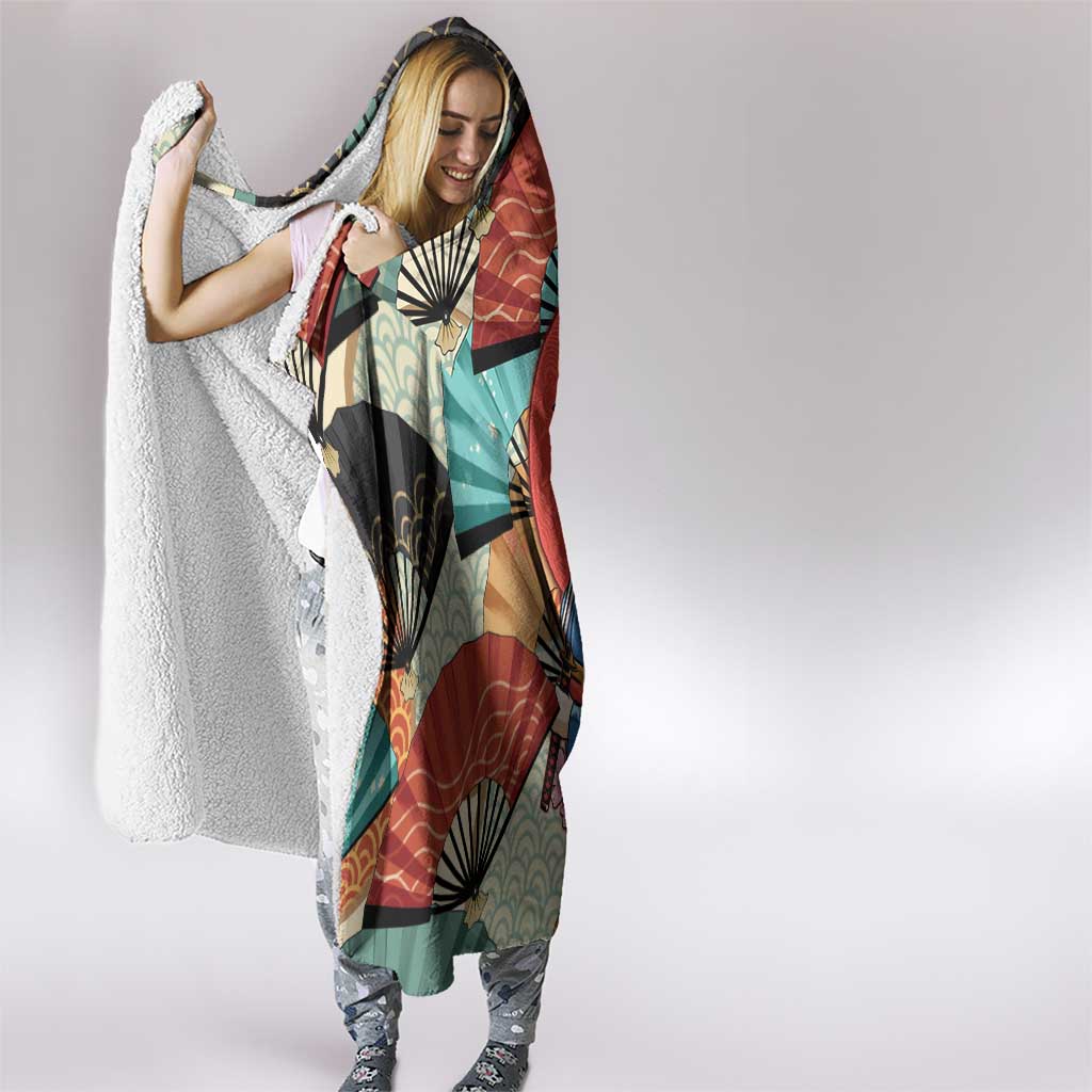 Japanese Geisha Katana Hooded Blanket Japan Sensu Seigaiha Pattern - Polynesian Pride