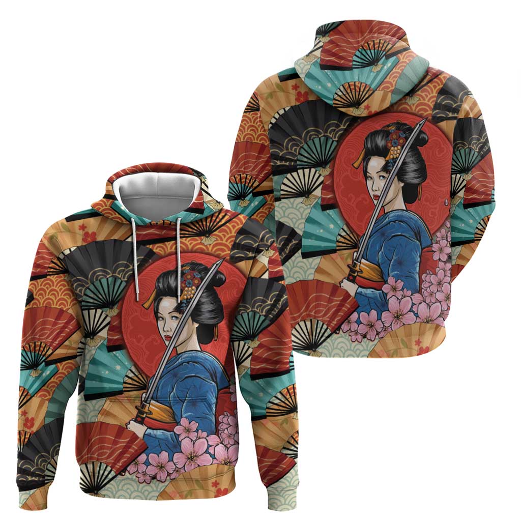 Japanese Geisha Katana Hoodie Japan Sensu Seigaiha Pattern - Polynesian Pride