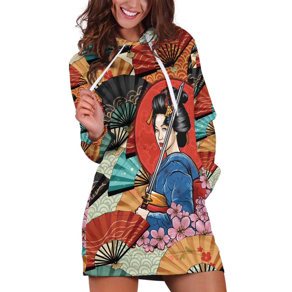 Japanese Geisha Katana Hoodie Dress Japan Sensu Seigaiha Pattern - Polynesian Pride