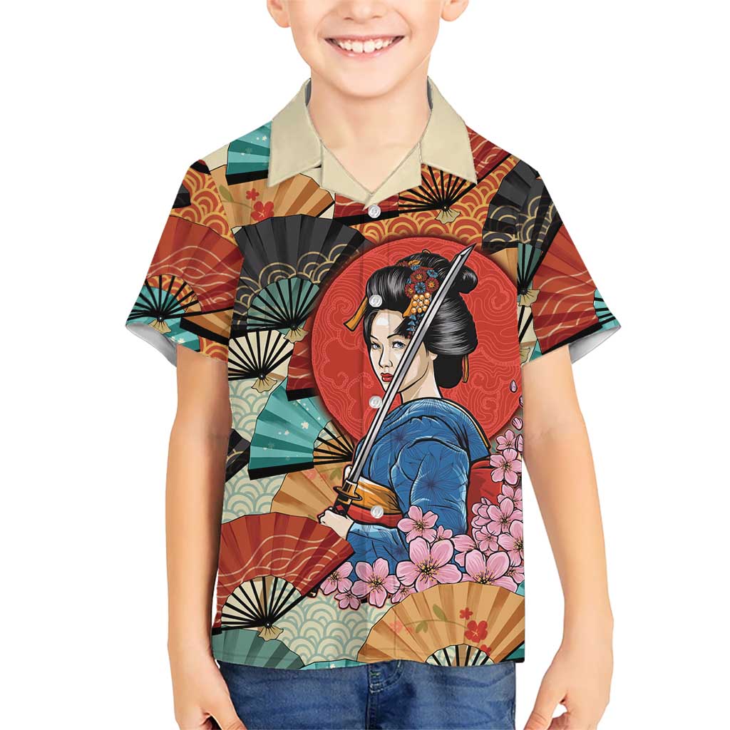 Japanese Geisha Katana Kid Hawaiian Shirt Japan Sensu Seigaiha Pattern - Polynesian Pride