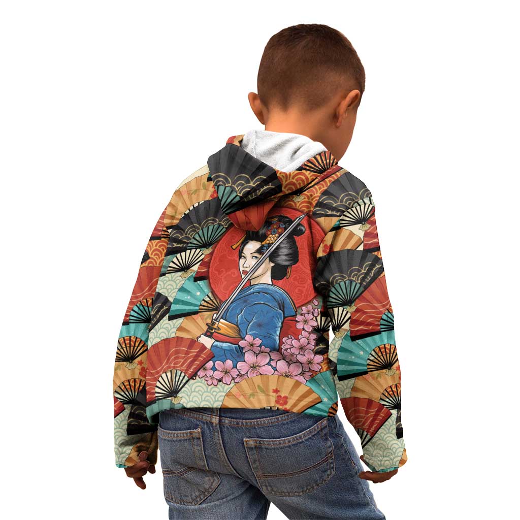 Japanese Geisha Katana Kid Hoodie Japan Sensu Seigaiha Pattern - Polynesian Pride