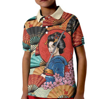 Japanese Geisha Katana Kid Polo Shirt Japan Sensu Seigaiha Pattern - Polynesian Pride