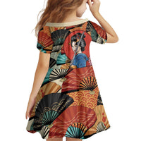 Japanese Geisha Katana Kid Short Sleeve Dress Japan Sensu Seigaiha Pattern - Polynesian Pride