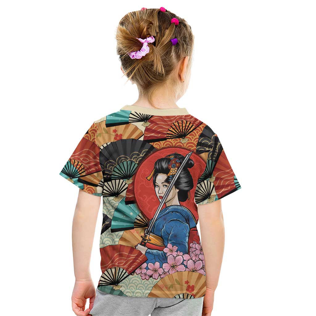 Japanese Geisha Katana Kid T Shirt Japan Sensu Seigaiha Pattern - Polynesian Pride