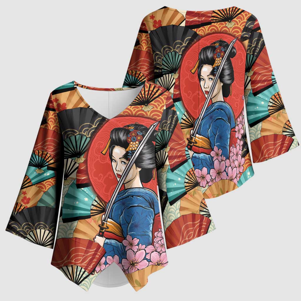 Japanese Geisha Katana Kimono Sleeve Blouse Japan Sensu Seigaiha Pattern - Polynesian Pride
