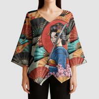 Japanese Geisha Katana Kimono Sleeve Blouse Japan Sensu Seigaiha Pattern - Polynesian Pride