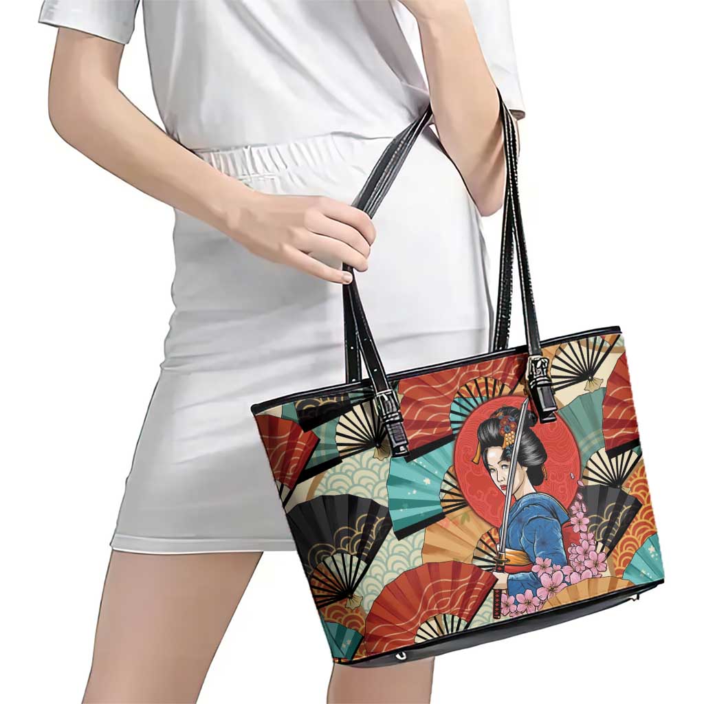 Japanese Geisha Katana Leather Tote Bag Japan Sensu Seigaiha Pattern - Polynesian Pride