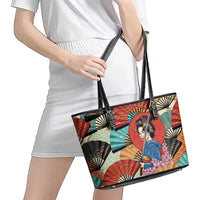 Japanese Geisha Katana Leather Tote Bag Japan Sensu Seigaiha Pattern - Polynesian Pride