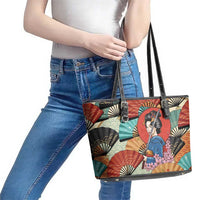 Japanese Geisha Katana Leather Tote Bag Japan Sensu Seigaiha Pattern - Polynesian Pride