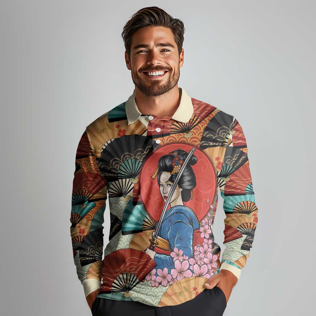 Japanese Geisha Katana Long Sleeve Polo Shirt Japan Sensu Seigaiha Pattern - Polynesian Pride